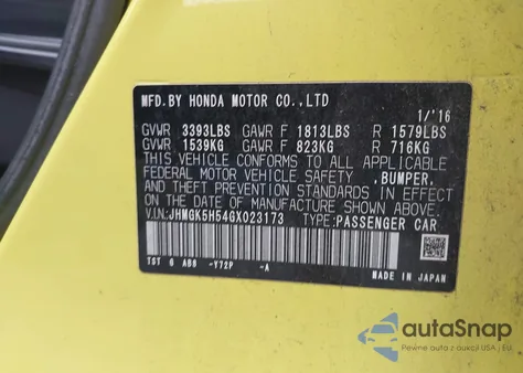2016 Honda Fit Lx из США, поврежденный, VIN JHMGK5H54GX023173